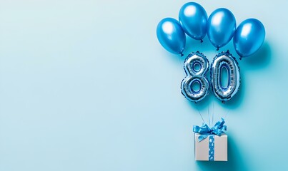 Happy birthday 80th with blue foil balloons and gift box on color background