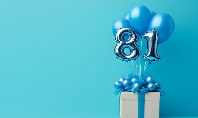 Happy birthday 81th with blue foil balloons and gift box on color background