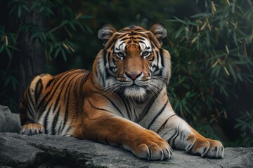Obraz premium Close-up of a Tiger Resting on a Rock in a Lush Forest