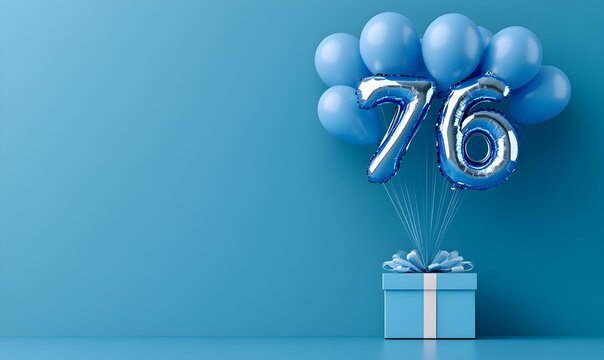Happy birthday 76th with blue foil balloons and gift box on color background
