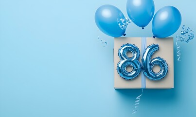 Fototapeta premium Happy birthday 86th with blue foil balloons and gift box on color background