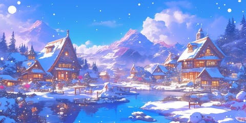 Fototapeta premium The landscape of the village with snow houses: The illustration shows the landscape of the village with snow houses, the night view of the full moon, and the winter wonderland with footprints in the s