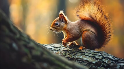 Detailed Close-up Side View of a Squirrel Perched on a Tree Branch in Natural Lighting