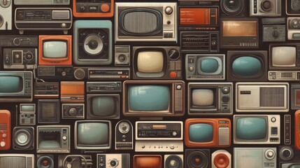Obraz premium Vintage electronics, including televisions and radios, arranged in a seamless pattern. The image creates a nostalgic, retro-themed backdrop with rich textures.