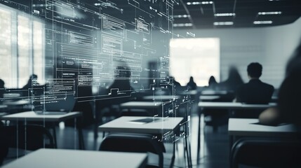 Modern classroom with students focused on digital learning, exploring technology and coding concepts, during a bright day