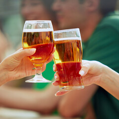 Close-up photo of young people, old friends meeting outdoor and celebrating important event. Party outdoor. Concept of Friday mood, celebration, lunch break and Oktoberfest.