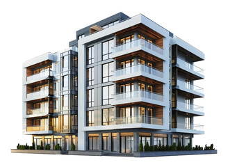 Modern luxury apartment building with balconies on transparent background