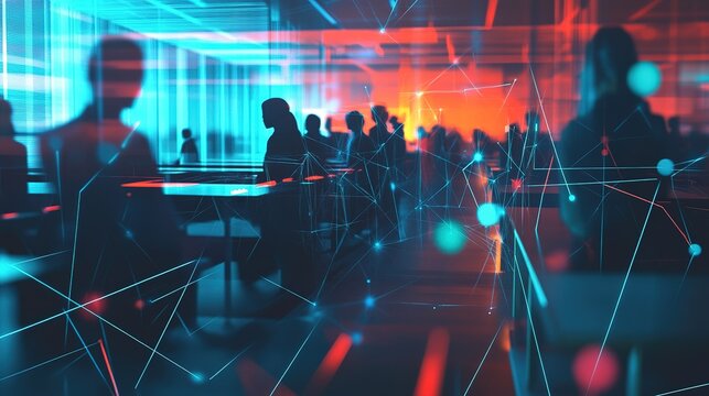 A vibrant digital workspace filled with silhouettes of individuals collaborating at tables, illuminated by colorful lighting effects