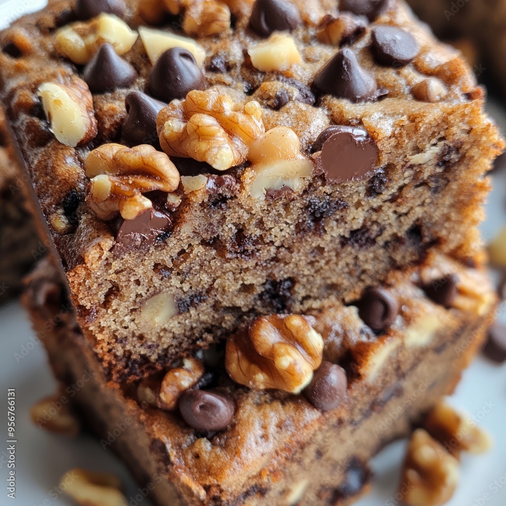 Sticker Close-up of two pieces of banana bread topped with chocolate chips and walnuts.