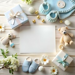 Celebrate a new arrival with this charming baby shower invitation mockup featuring a blank card. blue booties. a teddy bear. and delicate floral accents.