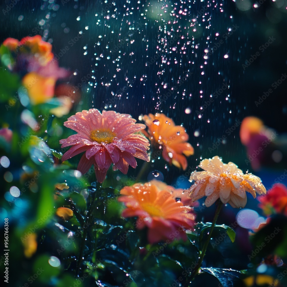 Poster Closeup of vibrant pink and orange flowers being sprinkled with water.