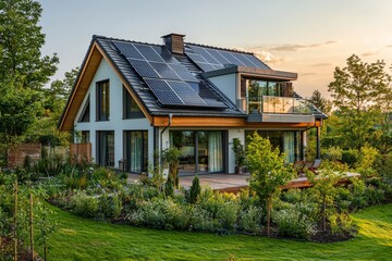Obraz premium Sustainable Home Solar Panels Rainwater Collection. Eco-Friendly Architecture