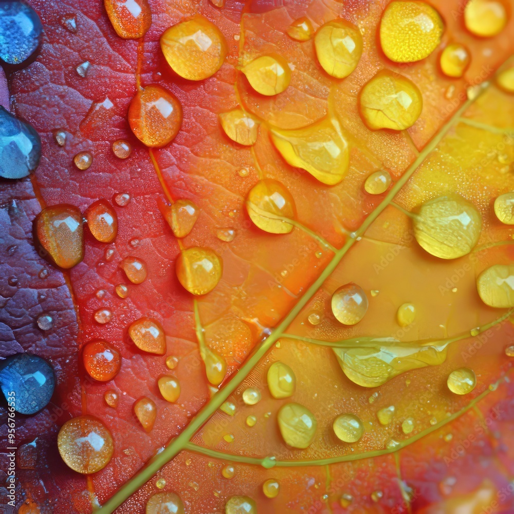 Poster Close-up of water droplets on a colorful autumn leaf.