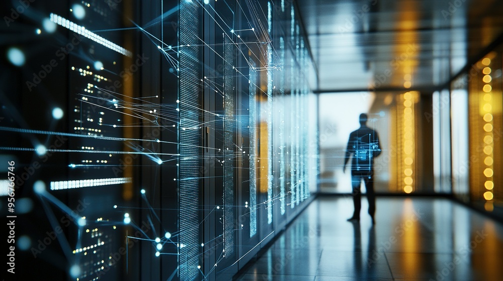 Poster a person analyzing data in a modern data center with illuminated servers during a late evening