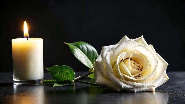 White Rose and Burning Candle on Black Background.