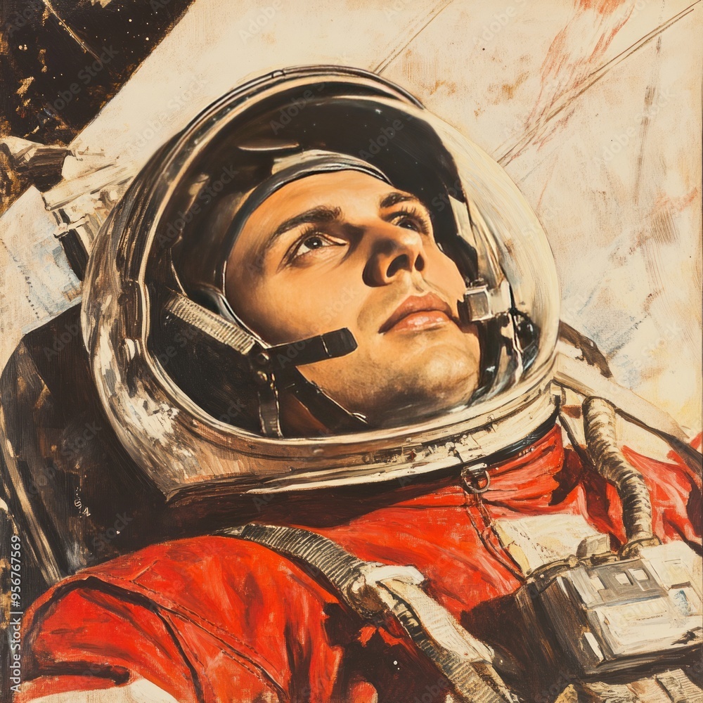 Canvas Prints Close-up portrait of an astronaut in a spacesuit looking upwards.