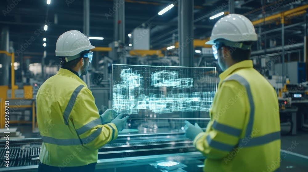 Poster three engineers standing in front of augmented reality 3d models of cnc machinery production line. i