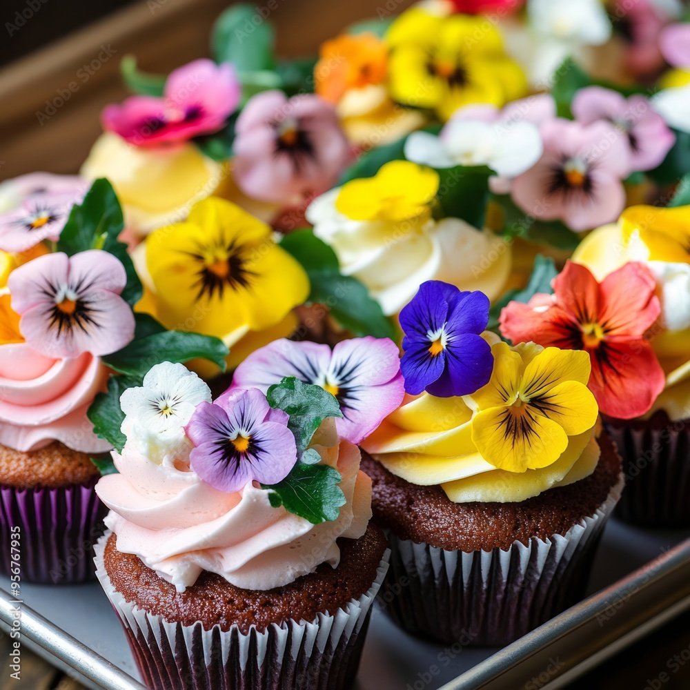 Canvas Prints Colorful cupcakes with edible pansies on a wooden tray.