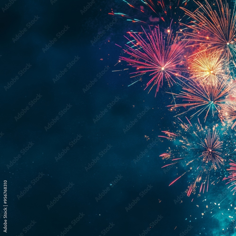 Wall mural Colorful fireworks display against a dark blue night sky, leaving space for text or design.