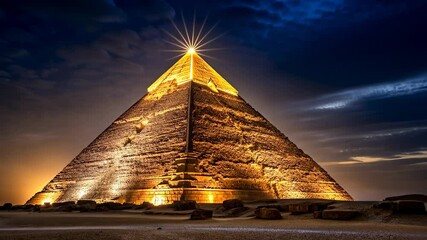 Illuminated Great Pyramid of Giza at Night.