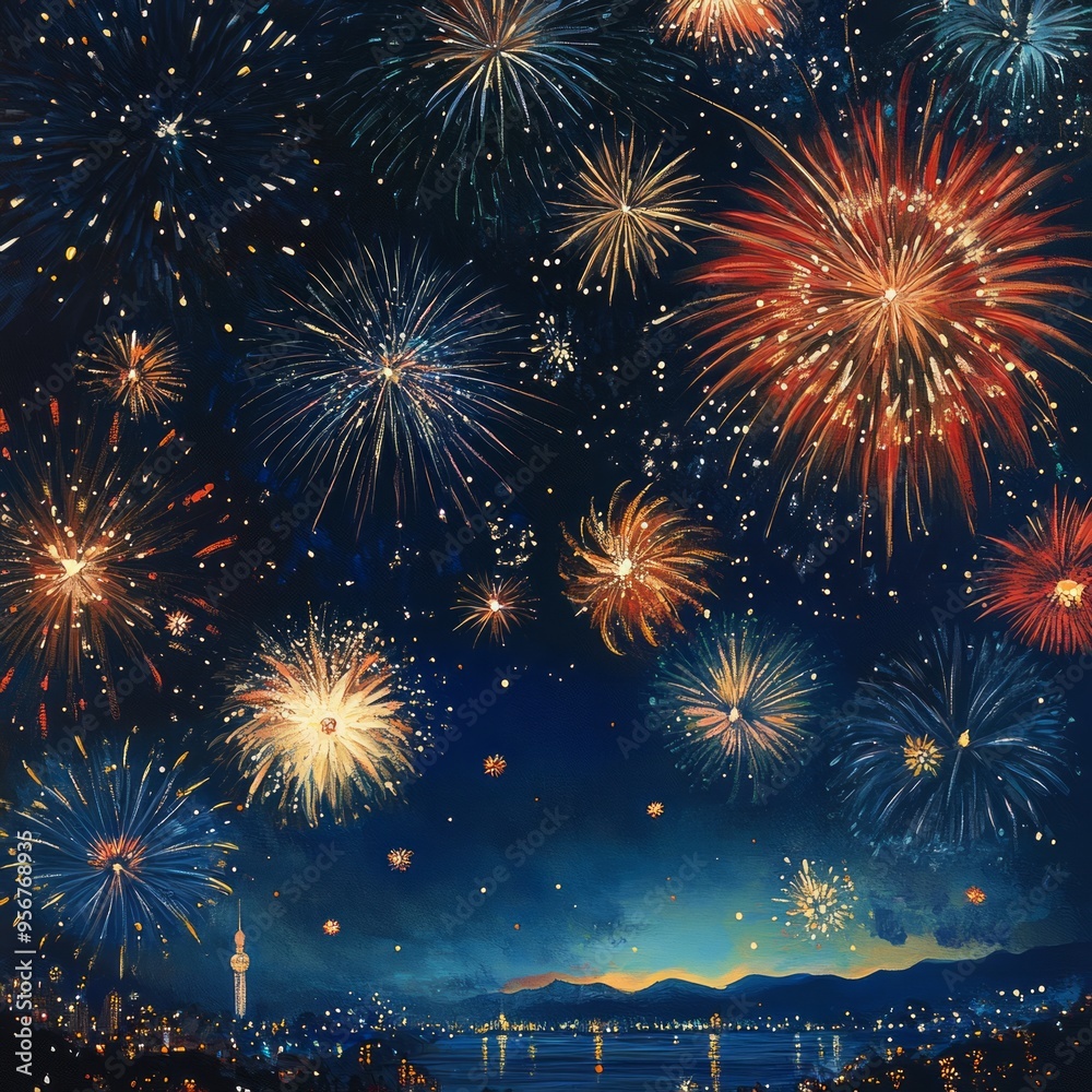 Wall mural Colorful fireworks explode over a cityscape at night, illuminating the sky with bright bursts of light.