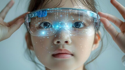 Young Girl Wearing Futuristic Augmented Reality Glasses