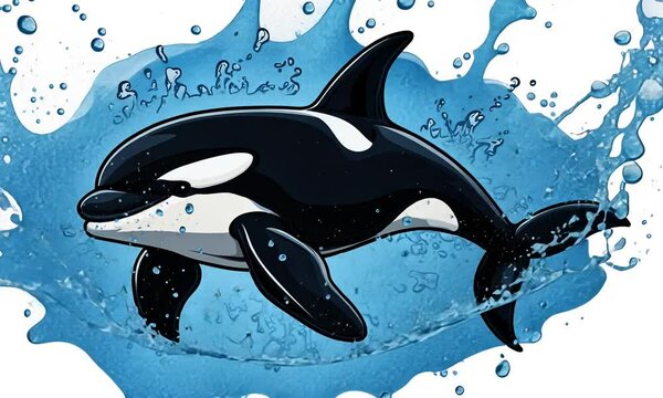 Mascot Logo orca, spandex material, leaping, profile view, splash-making expression, Arctic white backdrop

