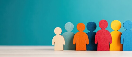 Colorful wooden figures representing diversity and inclusion on a minimalist background. Ideal for social themes and teamwork.