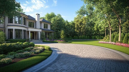 Fototapeta premium 3D rendering of a front yard with a circular driveway, featuring elegant pavers, manicured lawns, and vibrant landscaping. Ideal for showcasing upscale residential designs.