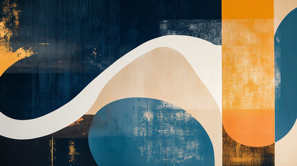 Blue, black and gold abstract background texture. Abstract poster in blue, gold, beige, mid-century style, 50s
