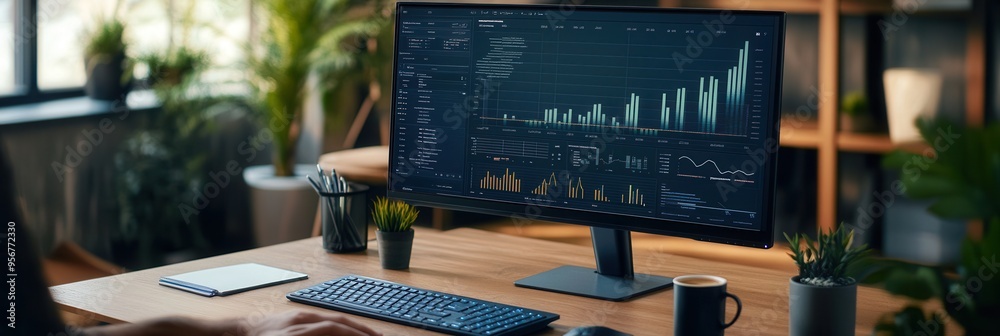 Aufkleber An expert focuses intently on a monitor, analyzing intricate data while surrounded by a tidy desk setup complete with a coffee mug. Generative AI