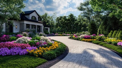 3D visualization of a front yard with a circular driveway, surrounded by vibrant flowers, elegant pavers, and lush greenery. Perfect for landscape architecture projects.