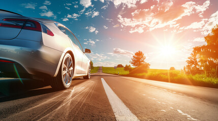 Obraz premium Car driving on a smooth, open road in a scenic countryside setting.