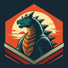 Stylized dragon profile in circular composition with vibrant teal and orange sunset backdrop