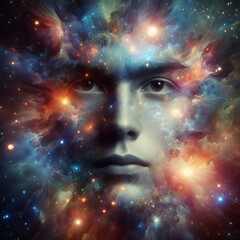 128 Aurora Collage A close up of a human face with a digital col