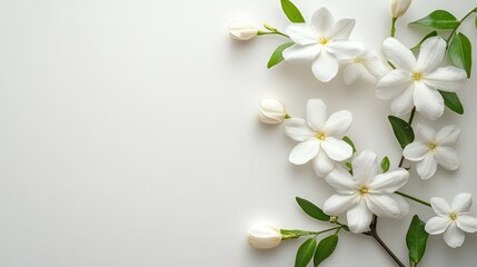 Fototapeta premium Beautiful white jasmine flowers with a minimalist background, leaving space for personalized text.