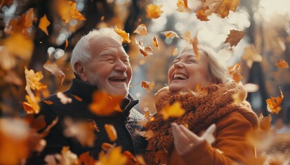 Happy Senior Couple Celebrating Autumn Harvest in Nature, Joyful Retirement Life, Golden Leaves, Fall Foliage, Rural Setting, Thanksgiving, Harvest Festival, Outdoor Fun, Love, Togetherness, Golden