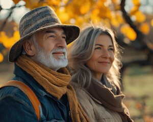 Happy Senior Couple Enjoying the Autumn Harvest in an Orchard, A Picture of Joyful Togetherness and Good Health