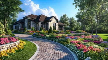 Naklejka premium 3D visualization of a front yard with a circular driveway, surrounded by vibrant flowers, elegant pavers, and lush greenery. Perfect for landscape architecture projects.