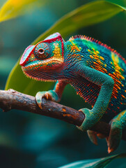 Fototapeta premium A colorful chameleon is perched on a branch. The bright colors of the lizard contrast with the green leaves of the tree. The scene is peaceful and serene