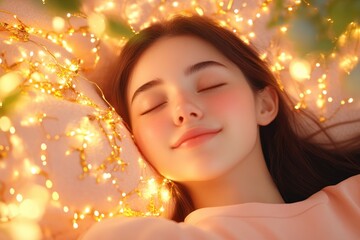 Fototapeta premium Peaceful Young Woman Basking in the Warmth of Her Bedroom, Surrounded by Twinkling Fairy Lights, Exuding Contentment and Serenity, A Moment of Pure Bliss