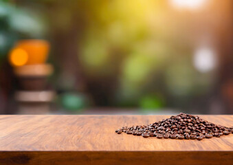 Coffee Beans on Wooden Table with Blurred Background.