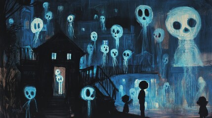 A haunting scene featuring ghostly figures with skull-like faces in a dark, atmospheric setting.