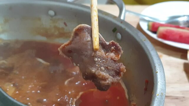 Unhygienic parasite egg in beef meat tapeworm cestoda worm meat at restaurant 4k