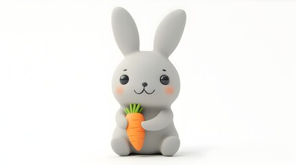 Fototapeta premium Adorable Clay Bunny Eating Carrot On White Background In Kawaii Style