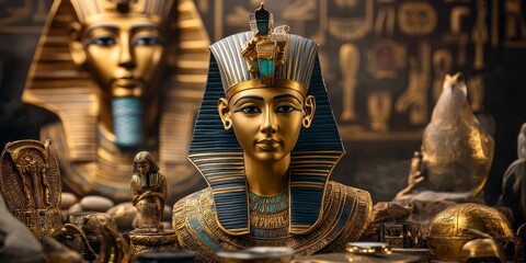 Obraz premium A regal Egyptian Pharaoh costume with a headdress, bejeweled collar, and gold cuffs. Surrounding items include a sphinx statue, ankh symbols, and hieroglyphs.