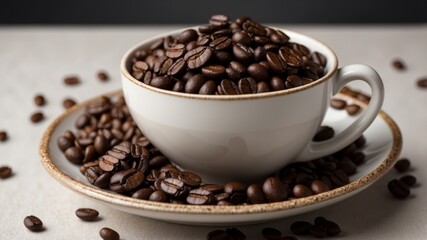 Fototapeta premium A bowl of coffee is surrounded by a pile of coffee beans.