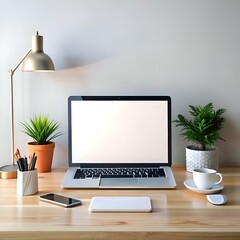 Clean and minimalist mockup featuring a laptop with a blank screen on a wooden desk with a plant. a lamp. and a smartphone.