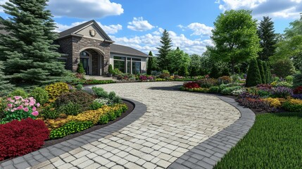 Fototapeta premium 3D-rendered front yard featuring a circular driveway, intricate paver design, and colorful landscaping, creating a stunning entrance for any home. -