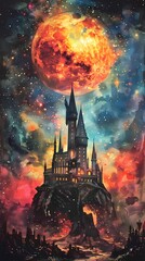 Fototapeta premium beautiful castle on a planet in galaxy illustration poster background